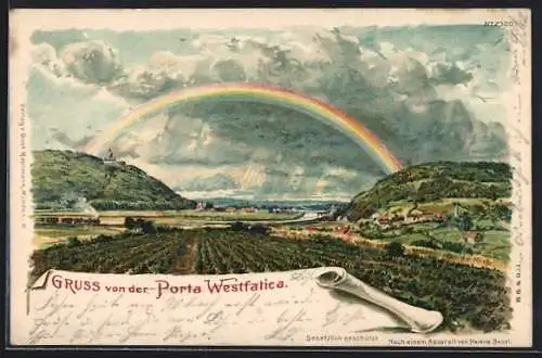 Lithographie Porta Westfalica, Gesamtansicht mit Regenbogen