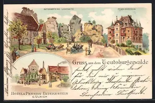 Lithographie Bad Meinberg / Teutoburgerwald, Hôtel & Pension Externstein, Mehrfachansicht, Externsteine Landseite