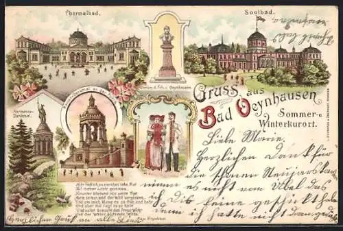 Lithographie Bad Oeynhausen, Soolbad, Thermalbad, Hermanns-Denkmal, Kaiser-Denkmal