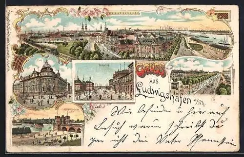 Lithographie Ludwigshafen / Rhein, Bahnhof, Post, Rheinbrücke