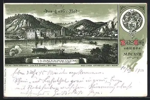 Lithographie Bad Ems, Gesamtansicht im Jahre 1618