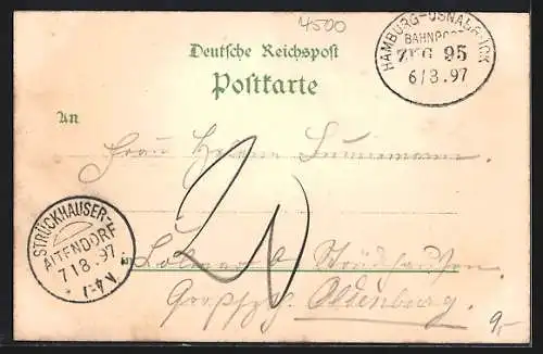 Lithographie Osnabrück, Marienkirche, Bahnhof, Rathaus