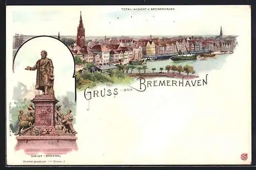 Lithographie Bremerhaven, Total-Ansicht, Blick auf Smidt-Denkmal