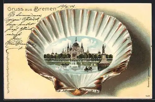 Passepartout-Lithographie Bremen, Gebäudeansicht und Boote in einer Muschel