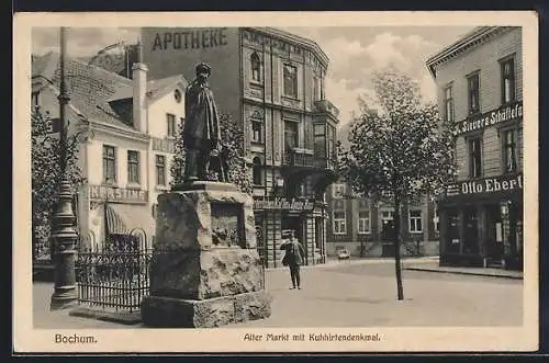 AK Bochum, Alter Markt mit Kuhhirtendenkmal und Geschäften