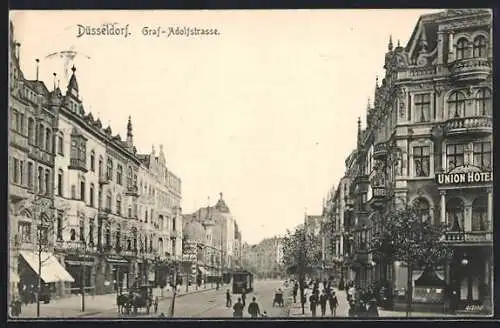 AK Düsseldorf, Graf-Adolfstrasse mit Union-Hotel u. Strassenbahn