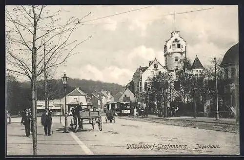 AK Düsseldorf-Grafenberg, Jägerhaus mit Strasse und Strassenbahn