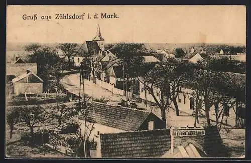 AK Zühlsdorf /Mark, Teilansicht mit Strasse u. Kirche aus der Vogelschau