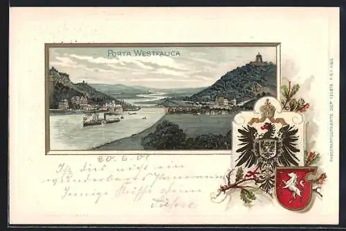 Passepartout-Lithographie Porta Westfalica, Teilansicht mit Brücke und Dampfer, Wappen