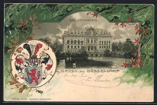 Passepartout-Lithographie Düsseldorf, Ständehaus mit See, Wappen, Eichenzweige