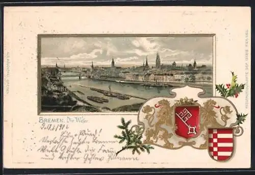 Passepartout-Lithographie Bremen, Gesamtansicht mit Weser, Wappen