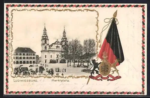 Passepartout-Lithographie Ludwigsburg / Württ., Marktplatz mit Marktständen u. Kirche, Wappen mit schwarzroter Flagge