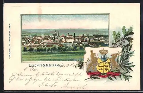 Passepartout-Lithographie Ludwigsburg / Württ., Gesamtansicht, Wappen Württemberg