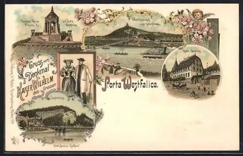 Lithographie Porta Westfalica, Jakobsberg, Denkmal Kaiser Wilhelm I., Hotel Kaiserhof