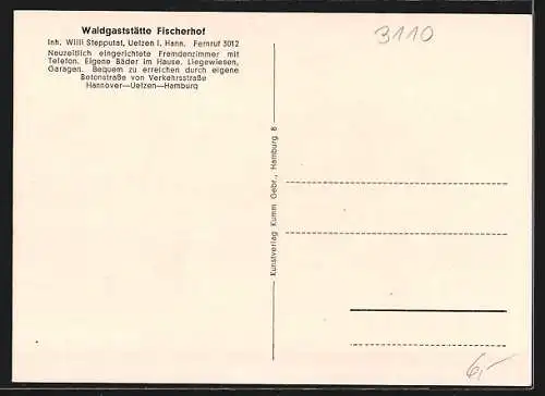 AK Uelzen i. Hann., Waldgaststätte Fischerhof W. Stepputat mit Terrasse aus der Vogelschau