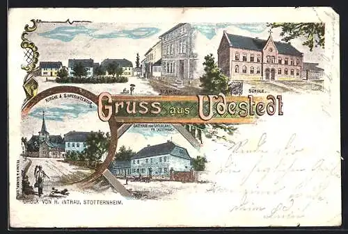 Lithographie Udestedt, Gasthaus zum Vaterland, Markt, Schule, Superintentur