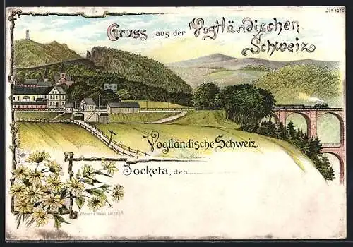 Lithographie Jocketa i. V., Vogtländische Schweiz, Ortsansicht mit Viadukt, Eisenbahn u. Bergpanorama