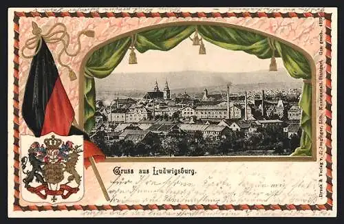 Passepartout-Lithographie Ludwigsburg / Württ., Gesamtansicht, Wappen, Fahne