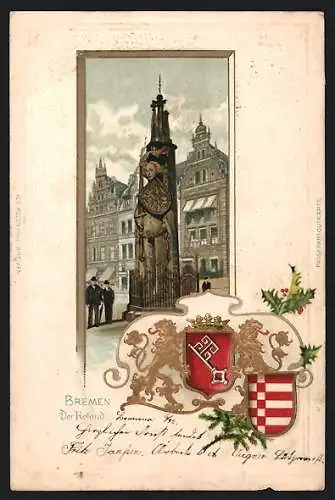 Passepartout-Lithographie Bremen, Der Roland Denkmal, Wappen