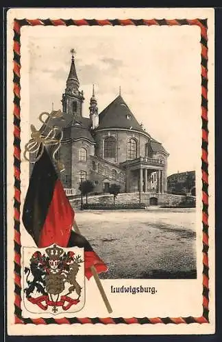 Passepartout-Lithographie Ludwigsburg / Württ., Garnisionskirche, Württembergische Flagge