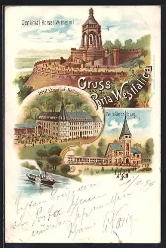 Lithographie Porta Westfalica, Hotel Kaiserhof Nolting, Wittekindsburg, Denkmal Kaiser Wilhelm I.