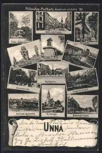 AK Unna, Bahnhofstrasse, Gradirwerke, Marktplatz, Hohensyburg, Kurgarten, Friedrichbrunnen, Kurgarten-Grotte