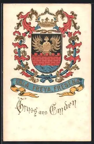 AK Emden, Das Stadtwappen mit friesischem Wahlspruch Eala, Freya, Fresena