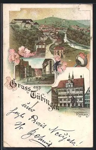 Lithographie Tübingen, Rathaus, Holzmarkt, Gesamtansicht