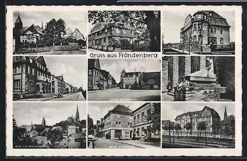 AK Fröndenberg, An der Kirchtreppe, Marienhospital und Kriegerehrenmal