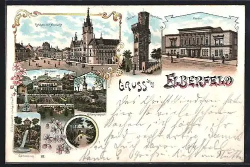 Lithographie Elberfeld, Rathaus mit Neumarkt, Casino, Die Hardt