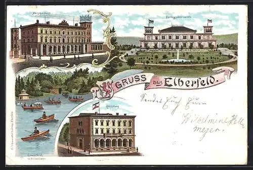 Lithographie Elberfeld, Reichsbank, Gondelteich und Hauptpostamt