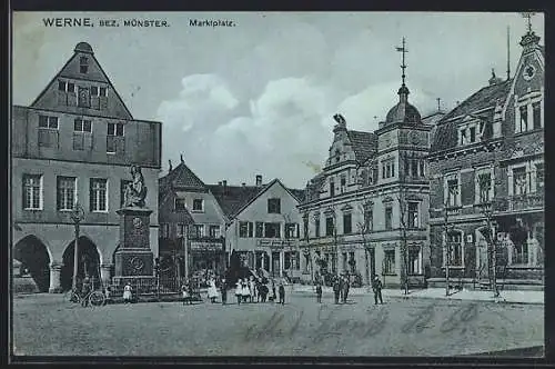 Mondschein-AK Werne /Münster, Marktplatz mit Denkmal