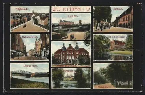 AK Hamm i. W., Bahnhof, Bahnhofstrasse und Schloss Heesen