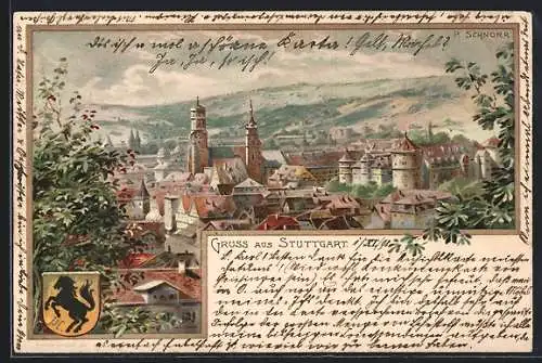 Lithographie Stuttgart, Blick über die Dächer