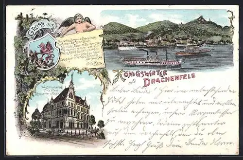 Lithographie Königswinter, Blick auf Drachenfels und Westfälischerhof Fritz Klein