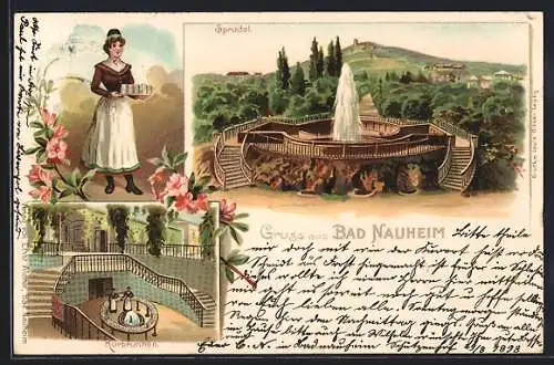 Lithographie Bad Nauheim, Sprudel, Kurbrunnen, Kellnerin mit einem Tablett voller Gläser in der Hand, Blumen, Um 1900