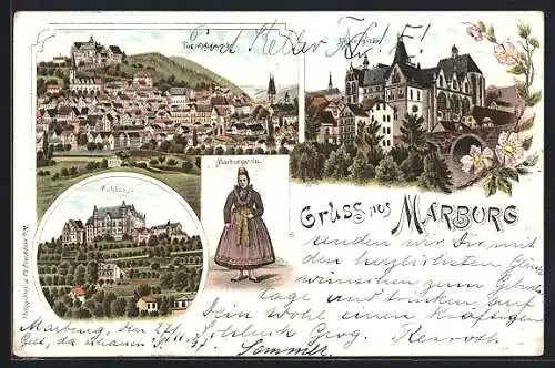 Lithographie Marburg, Universität, Schloss, Marburgerin in Tracht