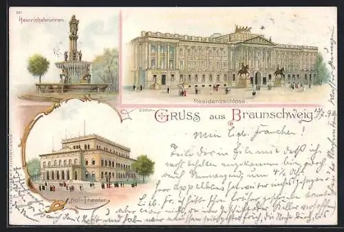 Lithographie Braunschweig, Heinrichsbrunnen, Hof-Theater, Residenzschloss