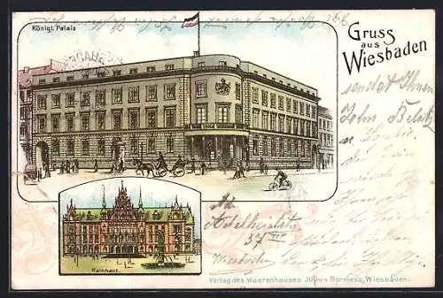 Lithographie Wiesbaden, Königl. Palais, Rathaus