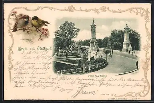 Lithographie Stuttgart, König Karl Brücke, Vögelchen im Passepartout