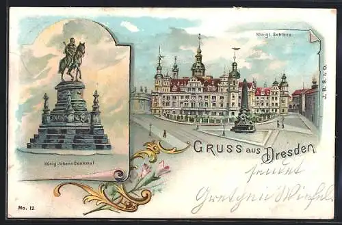 Lithographie Dresden, Königl. Schloss, König Johann-Denkmal