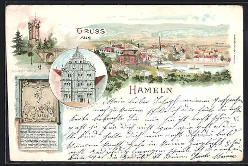 Lithographie Hameln, Klütturm, Rattenfängerhaus, Ortsansicht