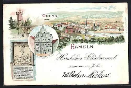 Lithographie Hameln, Rattenfängerhaus, Klütturm, Ortsansicht