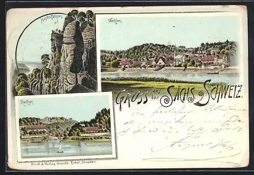 Lithographie Wehlen / Sächs. Schweiz, Ortsansicht von Rathen und Wehlen, Basteifelsen