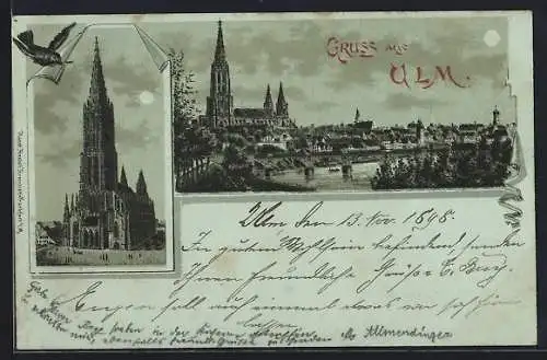 Mondschein-Lithographie Ulm / Donau, Blick auf das Münster, Ortsansicht