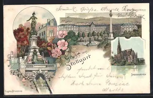 Lithographie Stuttgart, Der Eugensbrunnen, das Residenzschloss, die Johanneskirche