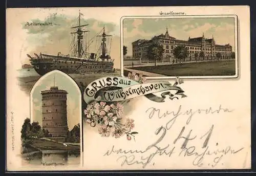 Lithographie Wilhelmshaven, Grosse Kaserne, Artillerieschiff, Wasserturm