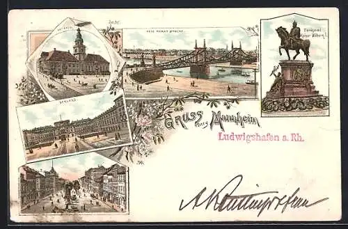 Lithographie Mannheim, Rathaus, Schloss, neue Neckar-Brücke, Denkmal Kaiser Wilhelm I.