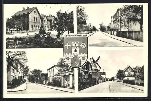 AK Varel / Oldenburg, Bahnhof, Oldenburger- und Mühlenstrasse mit Windmühle, Städt. Oberschule, Wappen