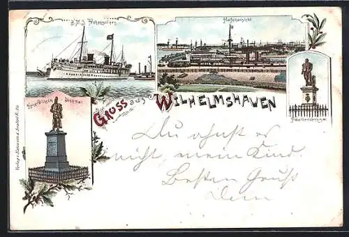 Lithographie Wilhelmshaven, Adalbertdenkmal, SMS Hohenzollern im Hafen, Hafenansicht